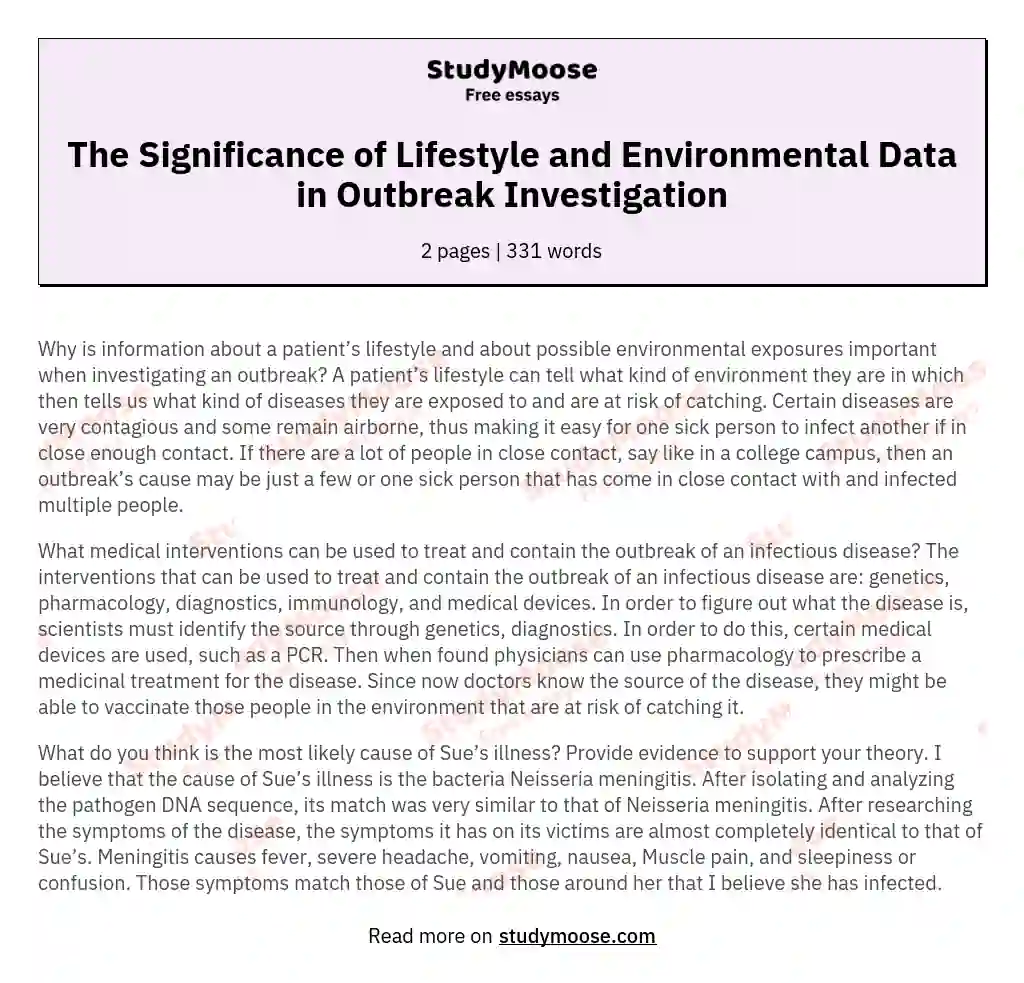 The Significance of Lifestyle and Environmental Data in Outbreak Investigation essay