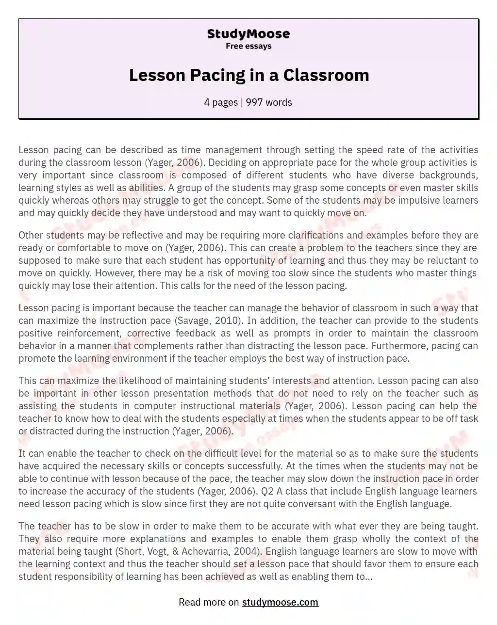 Lesson Pacing in a Classroom essay