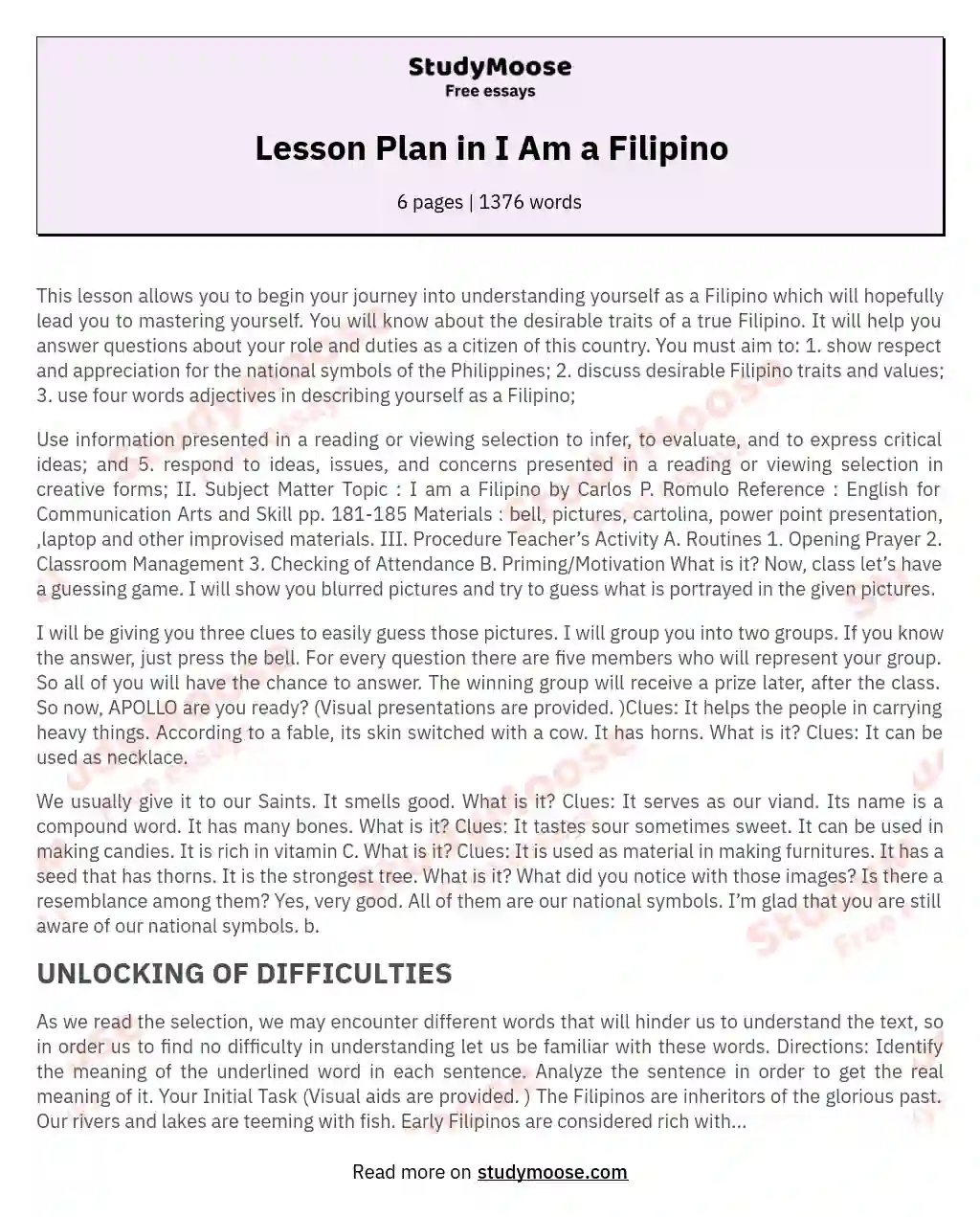 Lesson Plan in I Am a Filipino essay