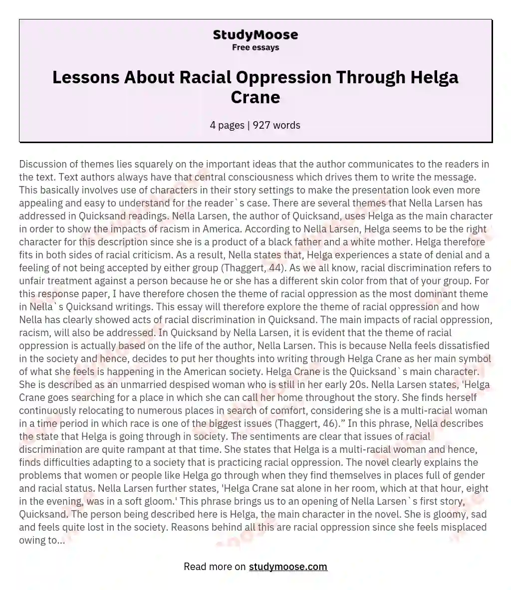 Lessons About Racial Oppression Through Helga Crane essay