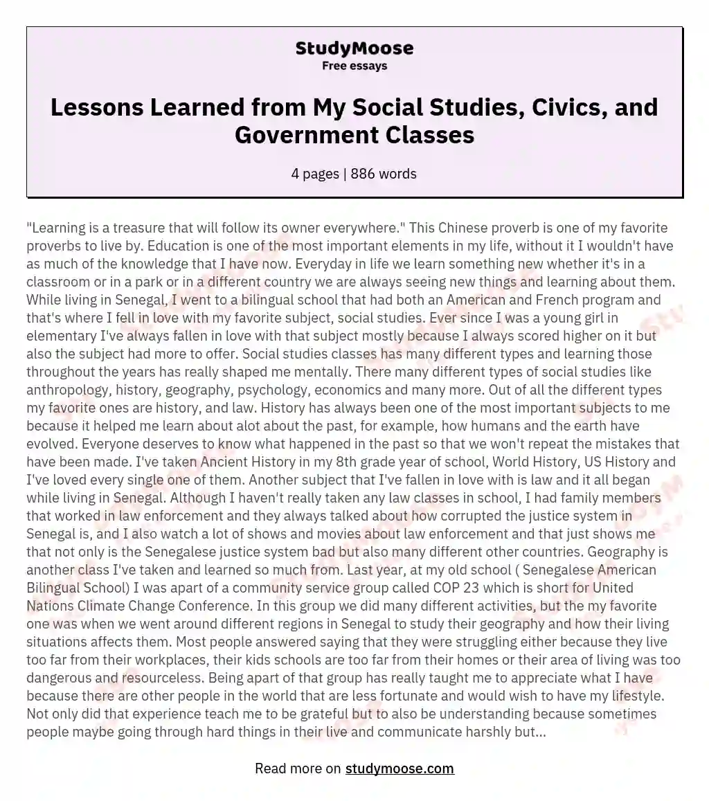 Lessons Learned from My Social Studies, Civics, and Government Classes essay