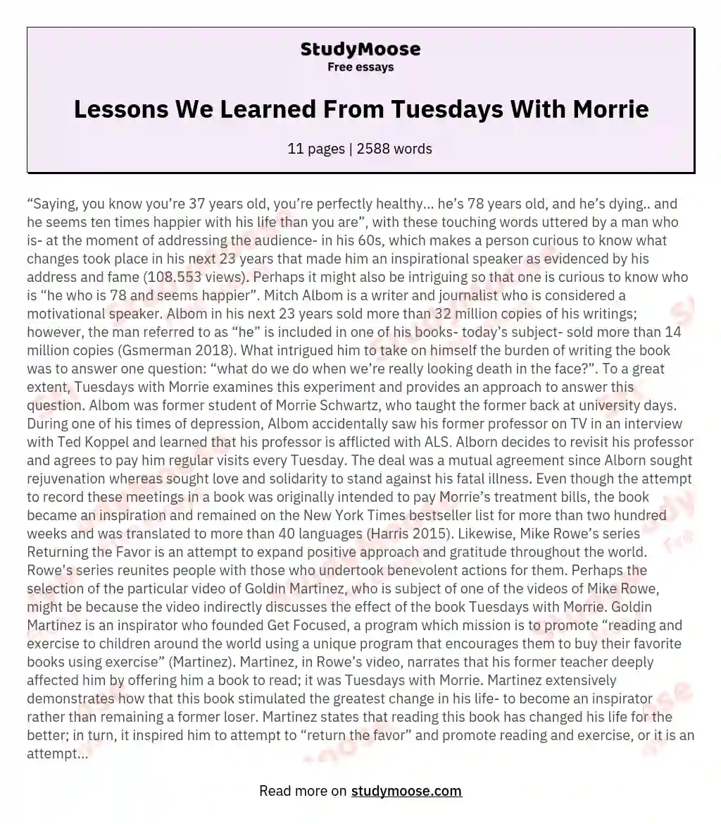 Lessons We Learned From Tuesdays With Morrie essay
