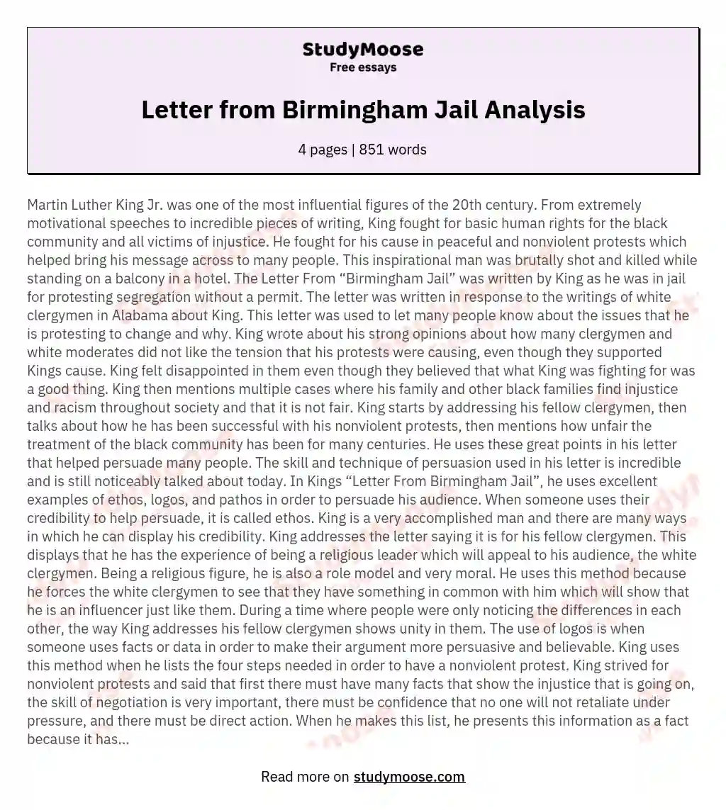 Letter from Birmingham Jail Analysis essay