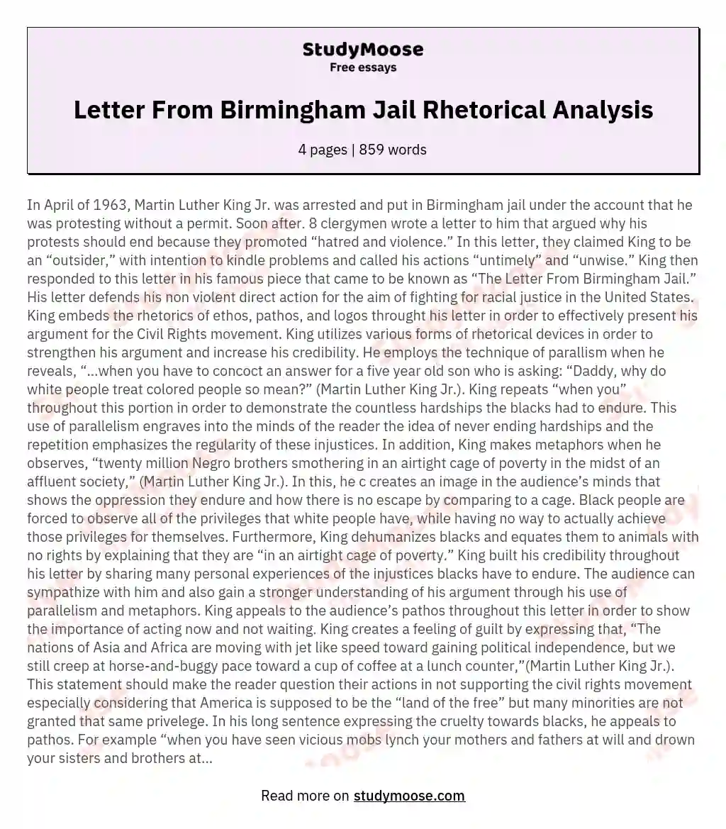 Letter From Birmingham Jail Rhetorical Analysis essay