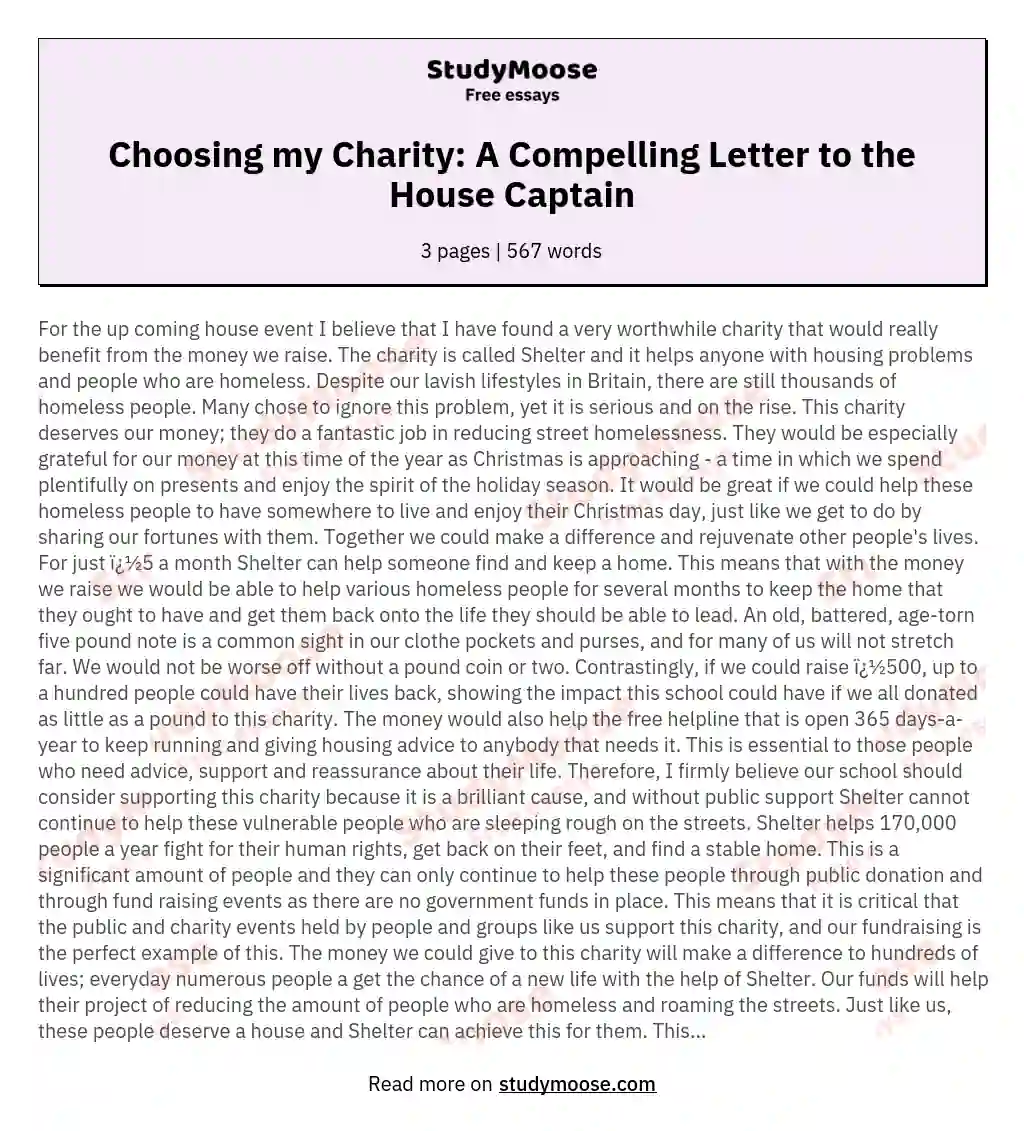 Choosing my Charity: A Compelling Letter to the House Captain essay