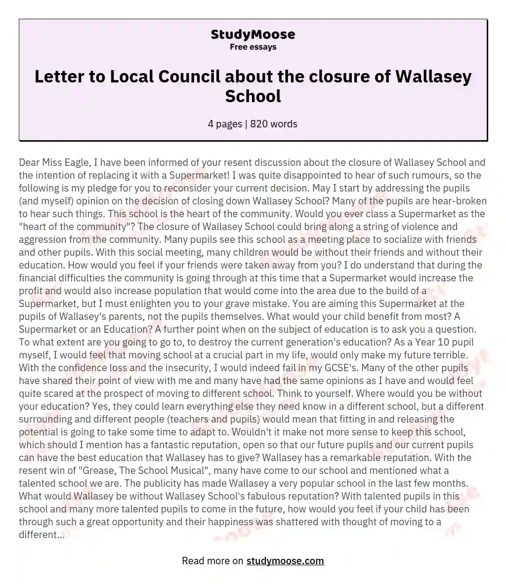 Letter to Local Council about the closure of Wallasey School essay