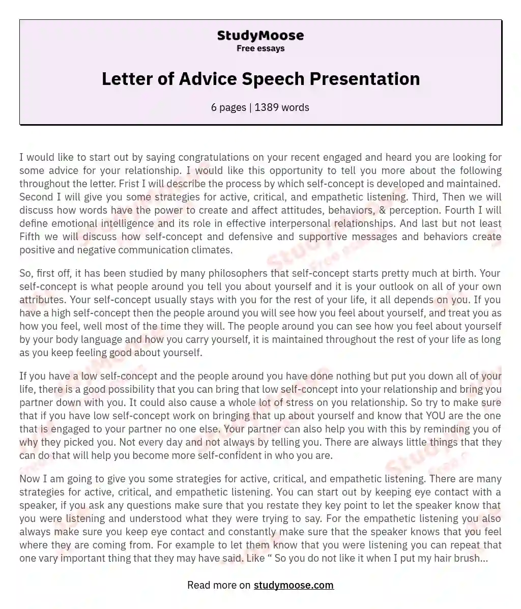 Letter of Advice Speech Presentation essay