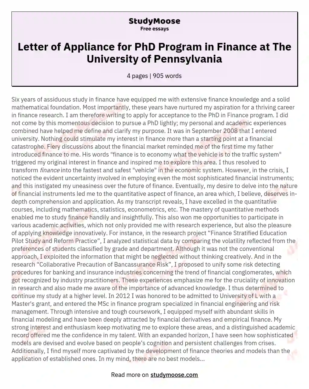 Letter of Appliance for PhD Program in Finance at The University of Pennsylvania essay