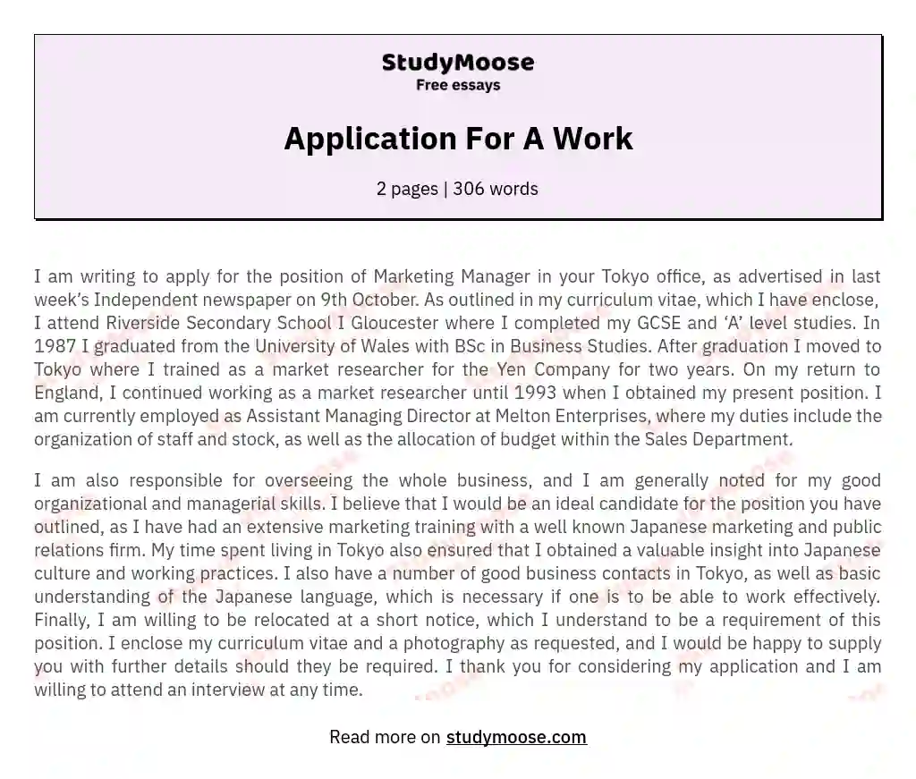 Application For A Work