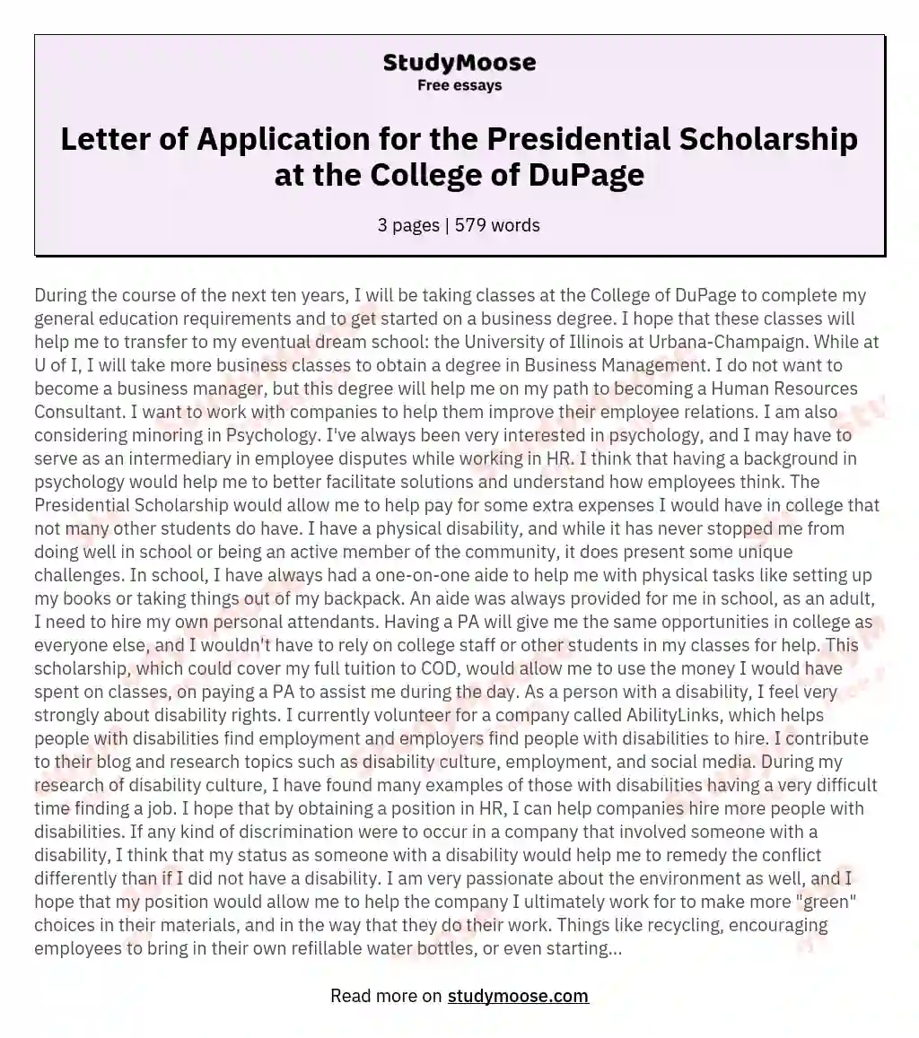 Letter of Application for the Presidential Scholarship at the College of DuPage essay