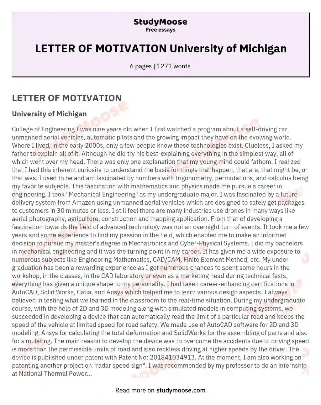LETTER OF MOTIVATION University of Michigan essay