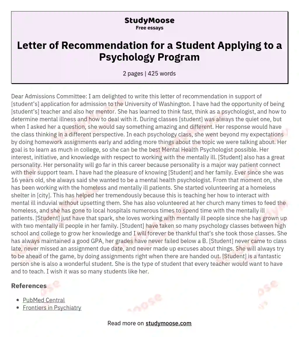 Letter of Recommendation for a Student Applying to a Psychology Program