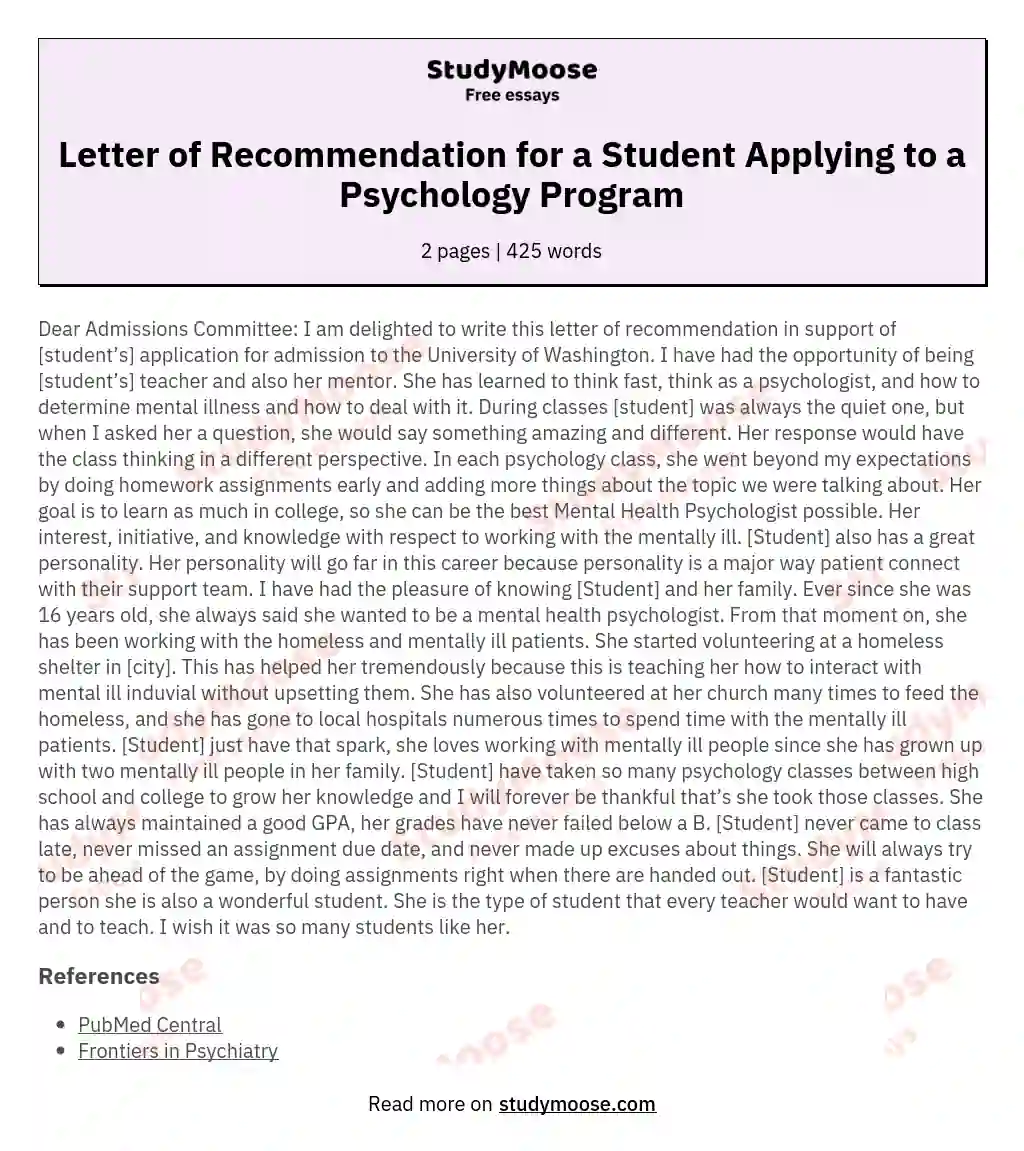 Nursing Program Recommendation Letter Example