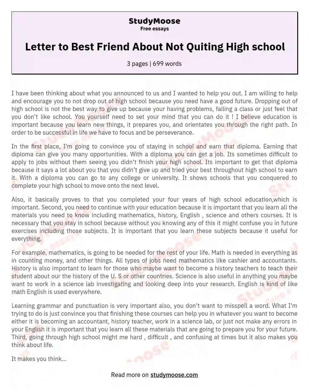 Letter to Best Friend About Not Quiting High school essay