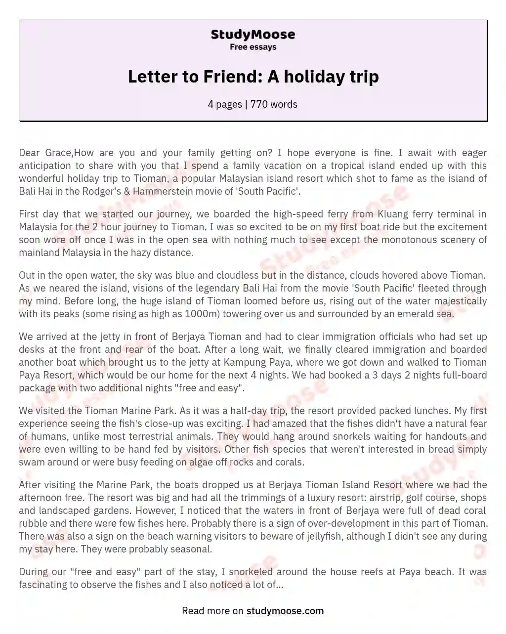 Letter to Friend: A holiday trip essay