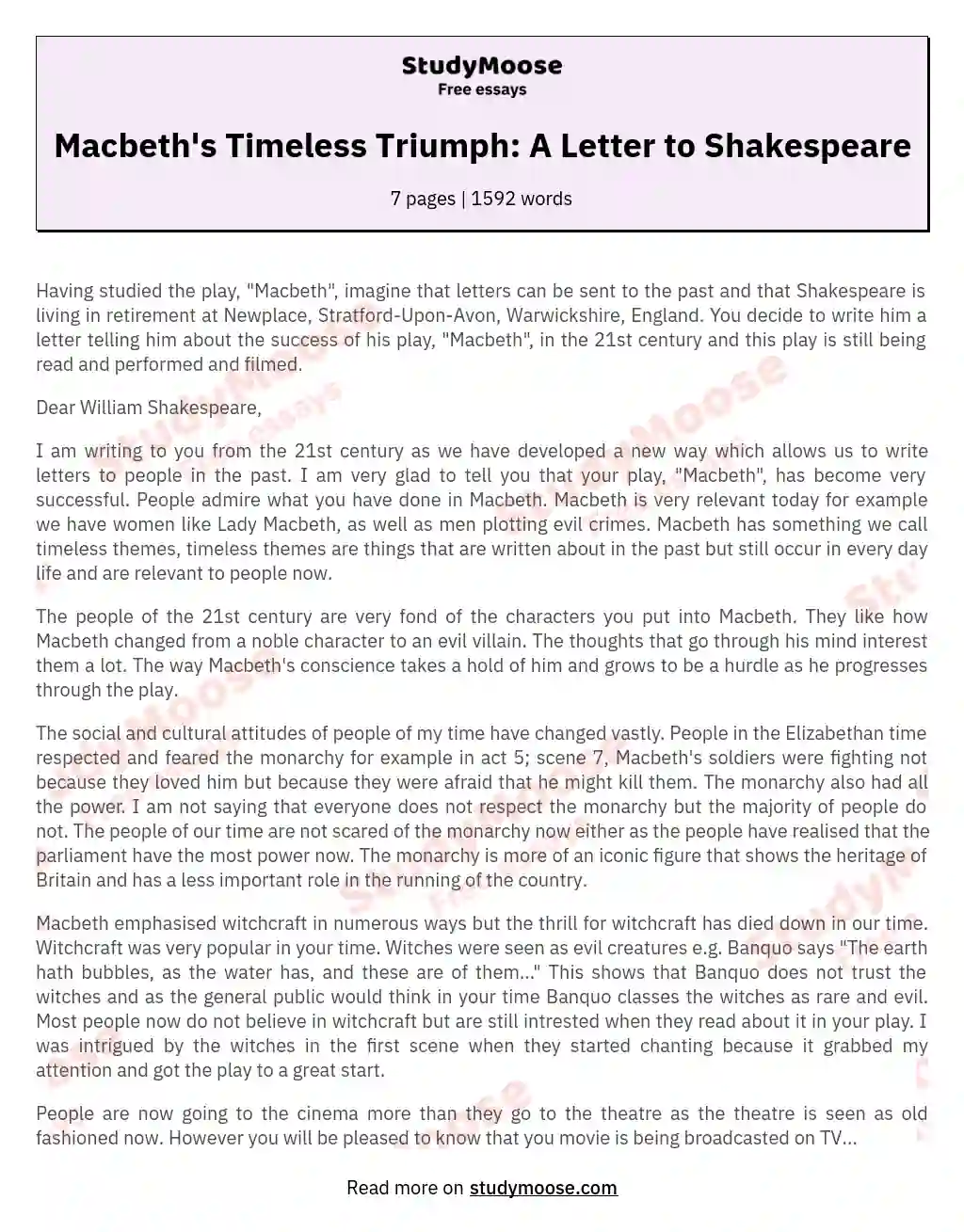 Macbeth's Timeless Triumph: A Letter to Shakespeare essay