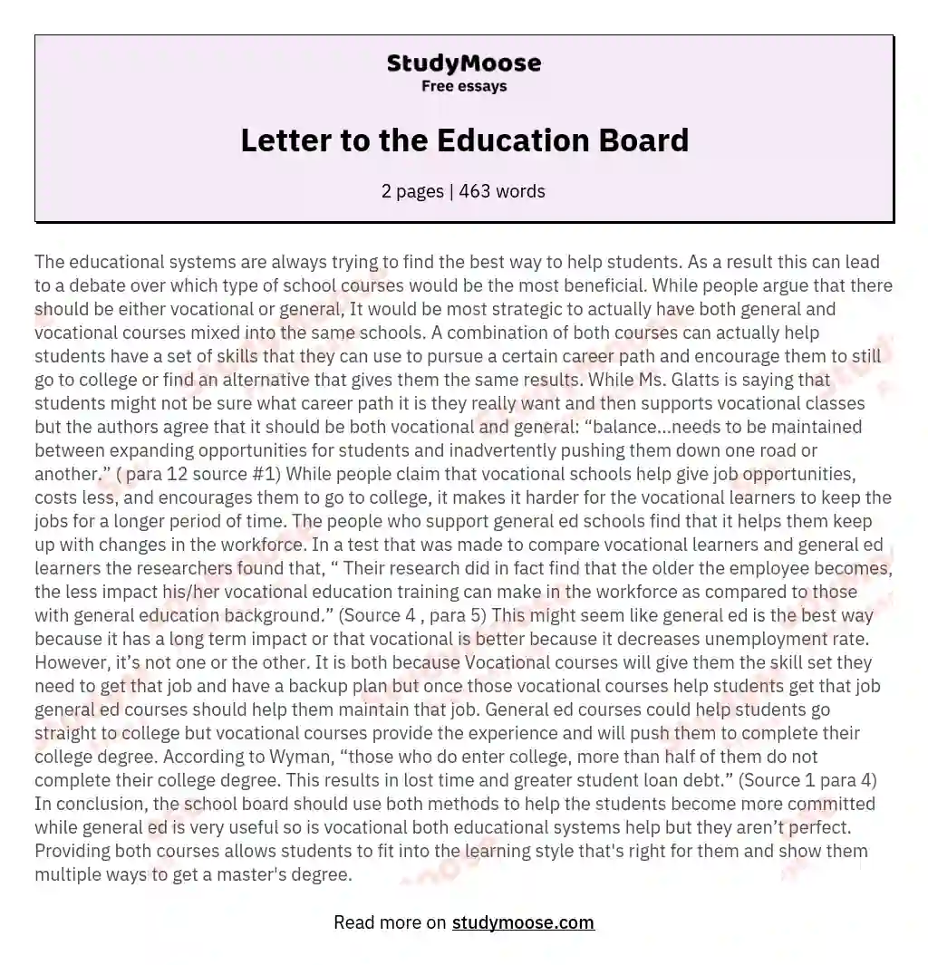 Letter to the Education Board essay