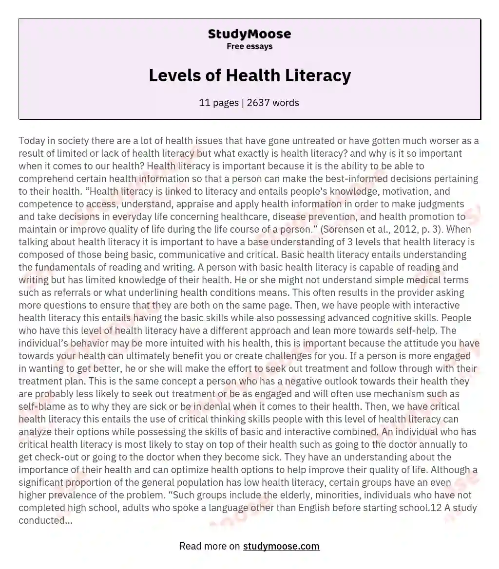 Levels of Health Literacy essay