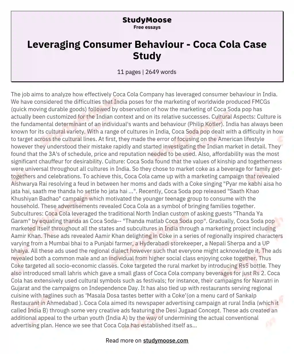 Leveraging Consumer Behaviour - Coca Cola Case Study