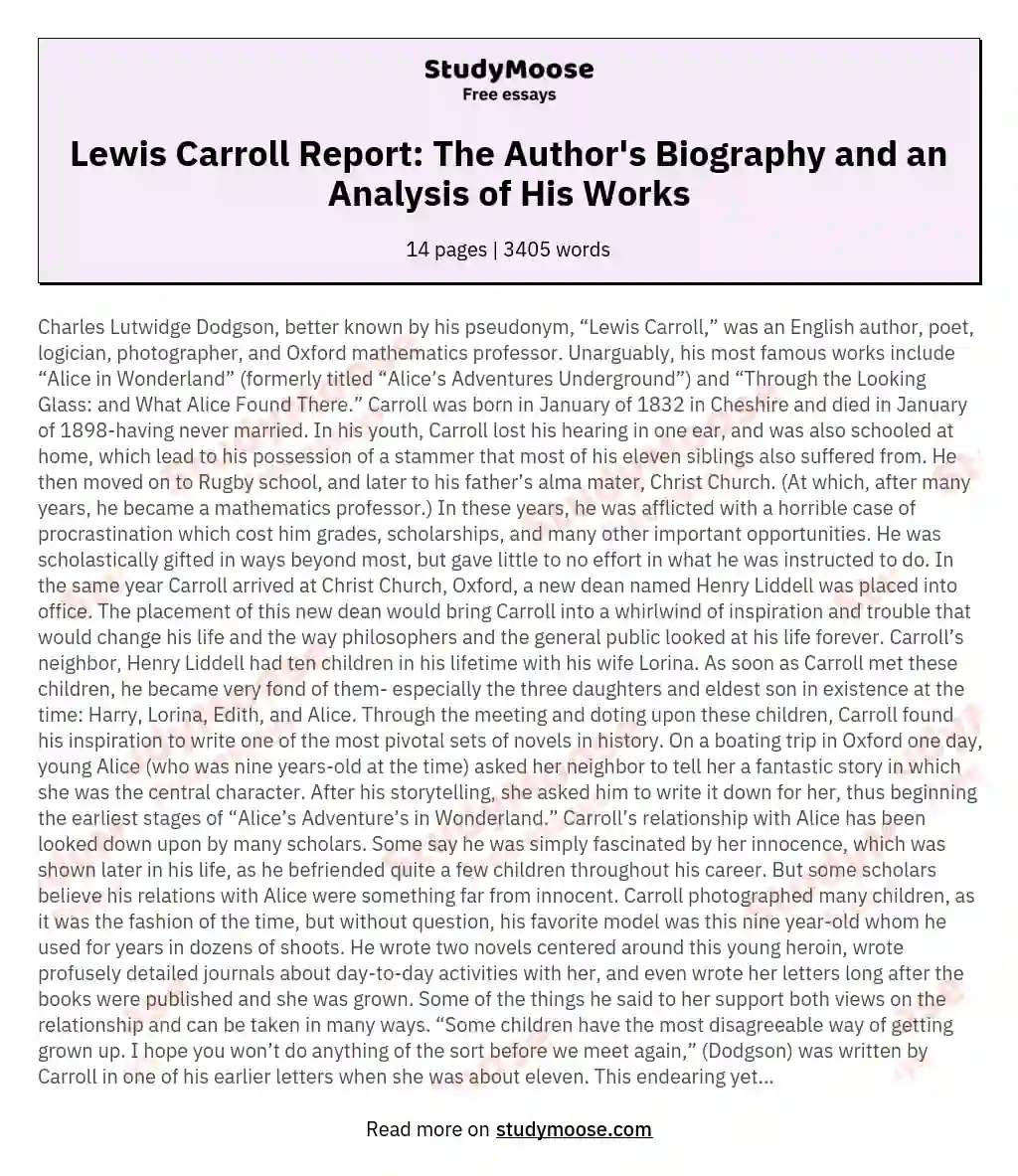 Lewis Carroll Report: The Author's Biography and an Analysis of His Works essay