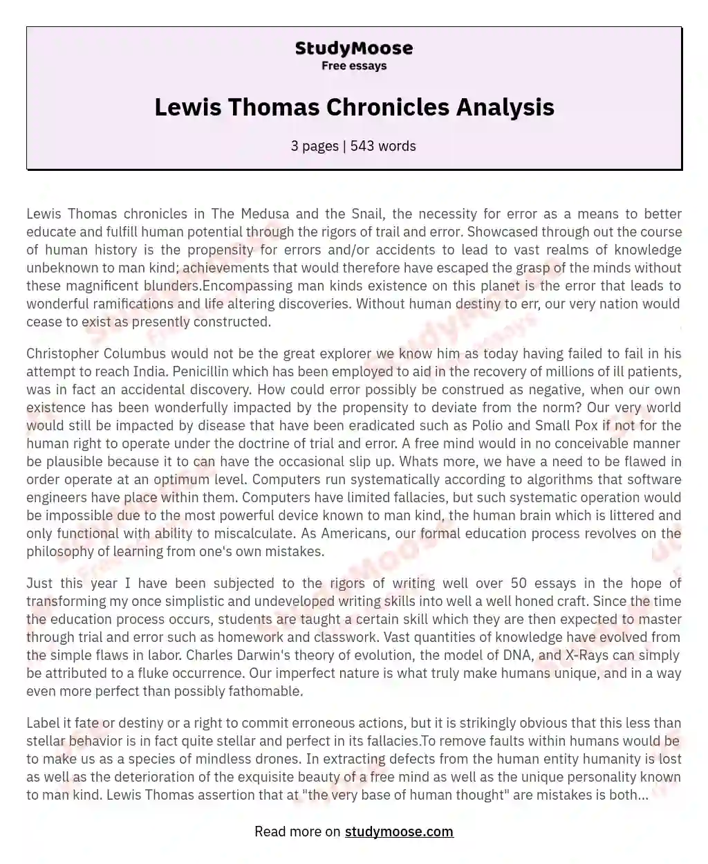 Lewis Thomas Chronicles Analysis essay