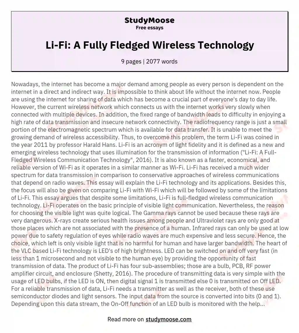Li-Fi: A Fully Fledged Wireless Technology essay