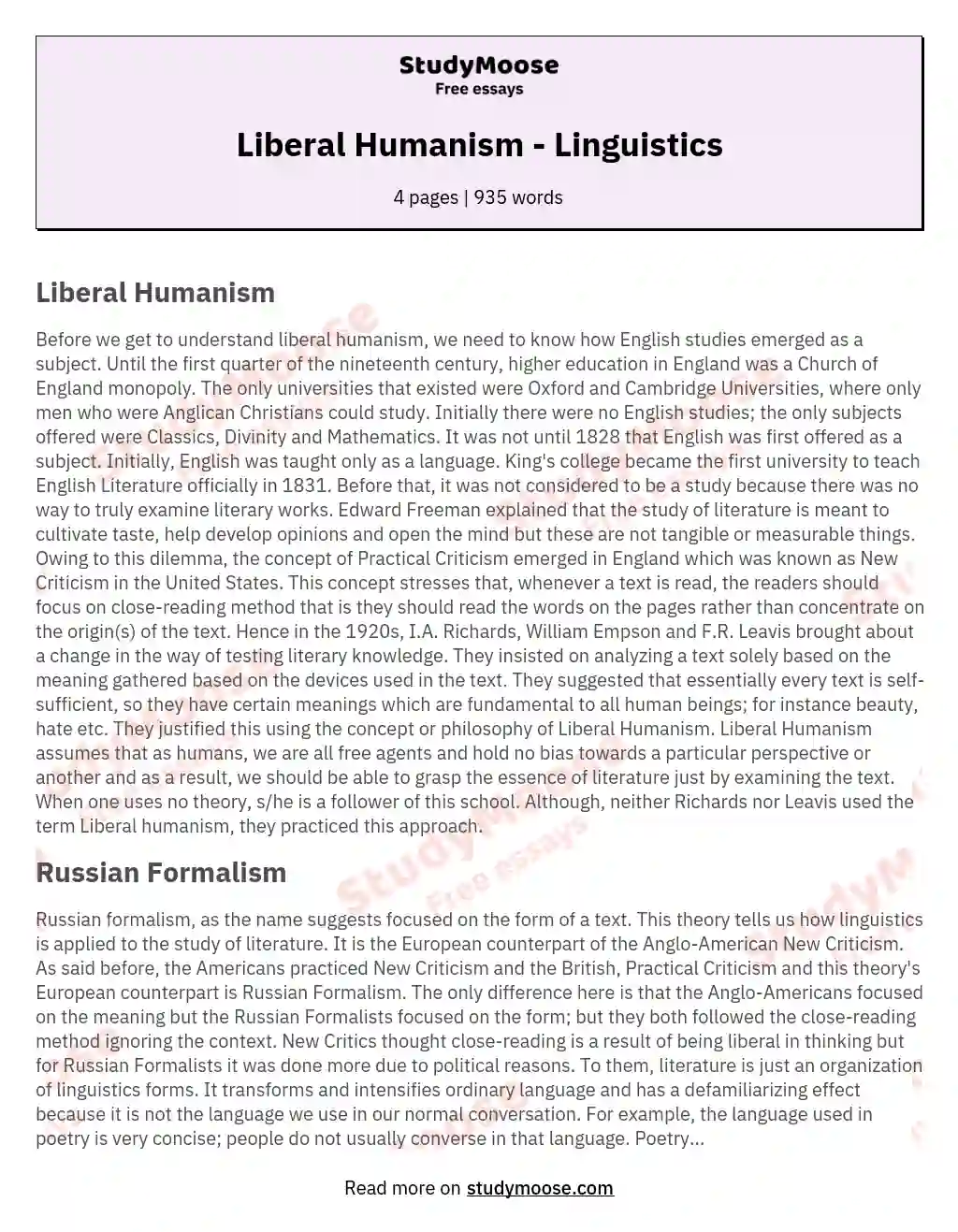 Liberal Humanism - Linguistics essay
