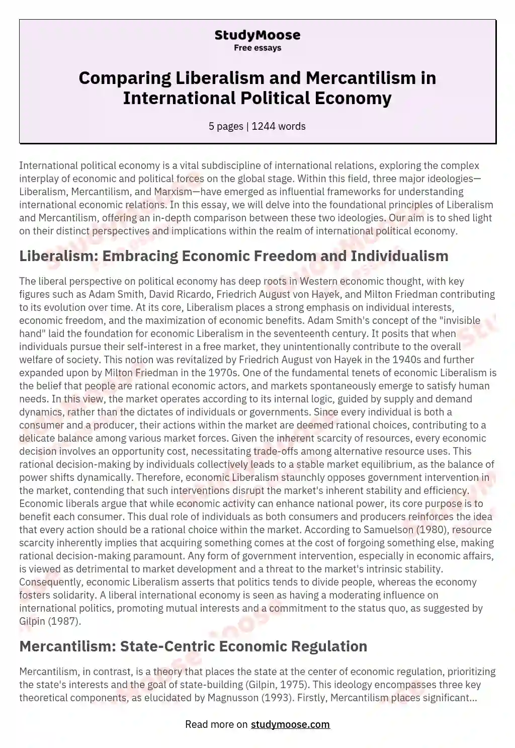 Comparing Liberalism and Mercantilism in International Political Economy essay