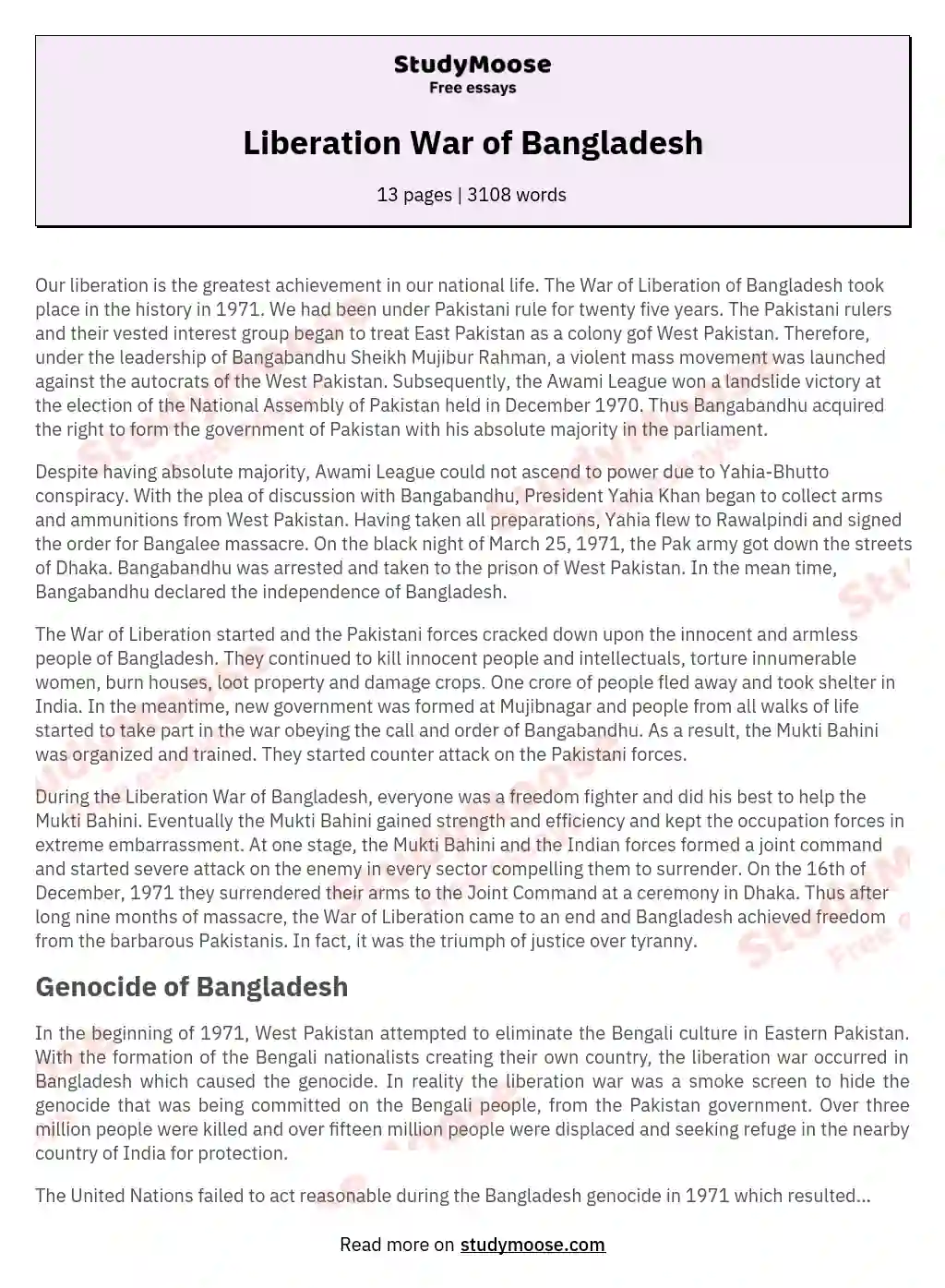 Liberation War of Bangladesh essay
