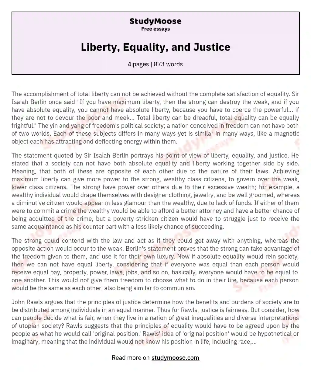 Liberty, Equality, and Justice essay