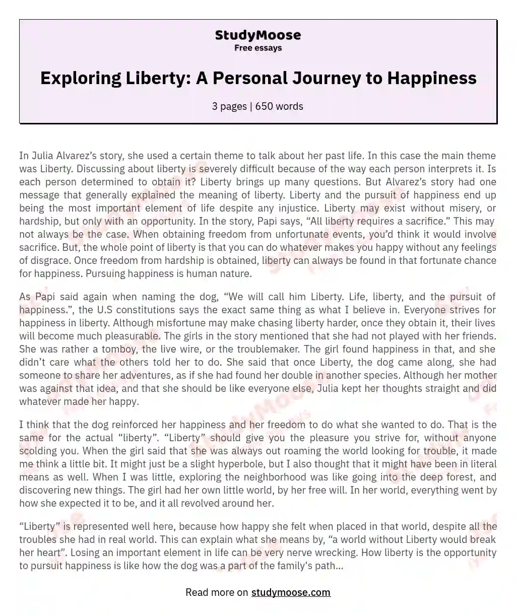 Exploring Liberty: A Personal Journey to Happiness essay