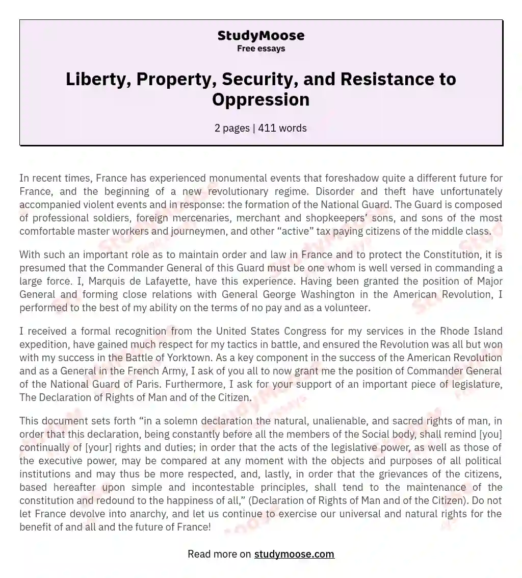 Liberty, Property, Security, and Resistance to Oppression essay