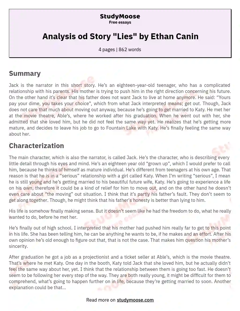 Analysis od Story "Lies" by Ethan Canin essay