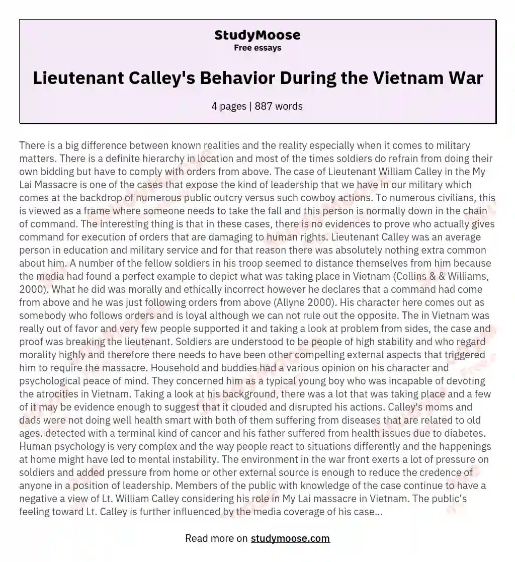 Lieutenant Calley's Behavior During the Vietnam War essay