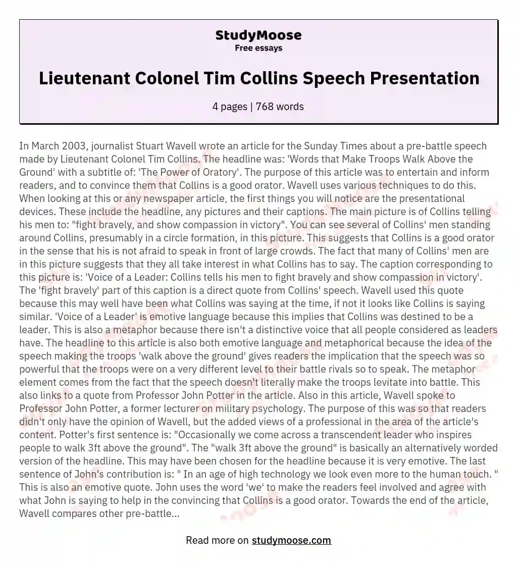 Lieutenant Colonel Tim Collins Speech Presentation essay
