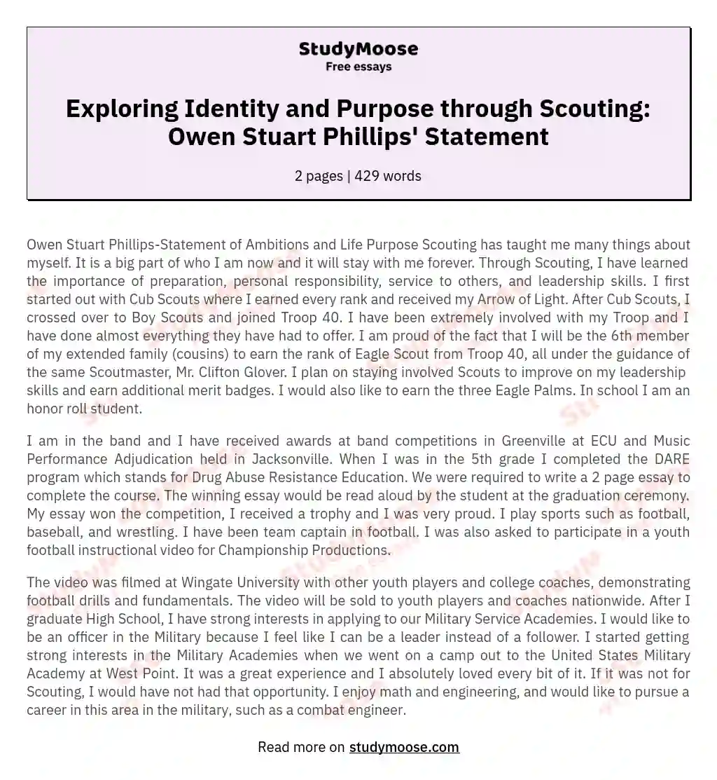 Exploring Identity and Purpose through Scouting: Owen Stuart Phillips' Statement essay