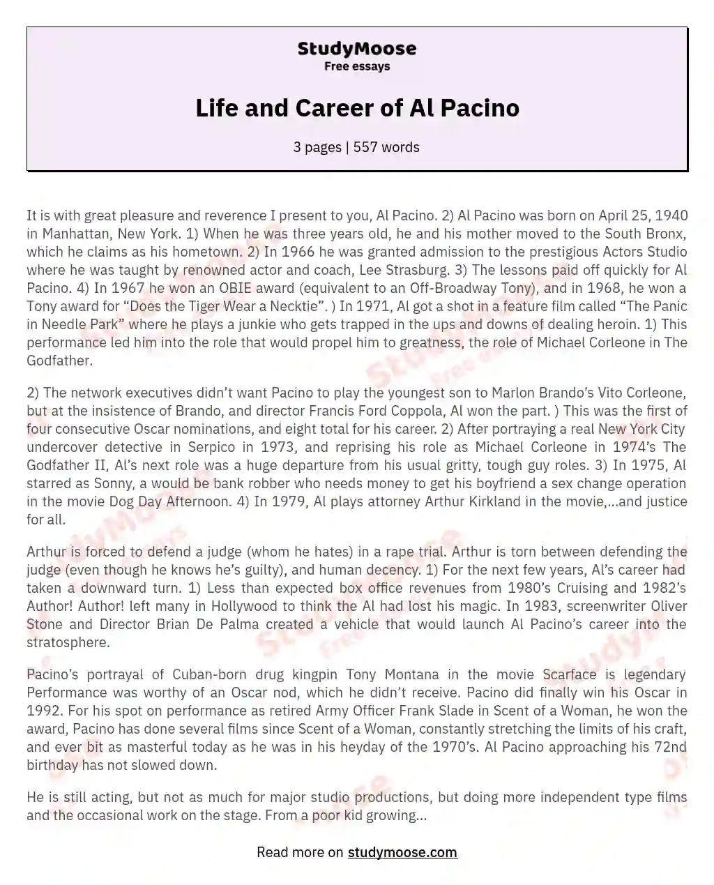 Life and Career of Al Pacino essay