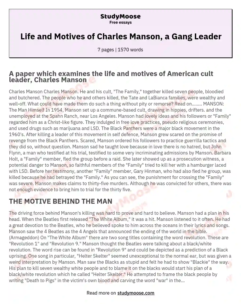 Life and Motives of Charles Manson, a Gang Leader essay