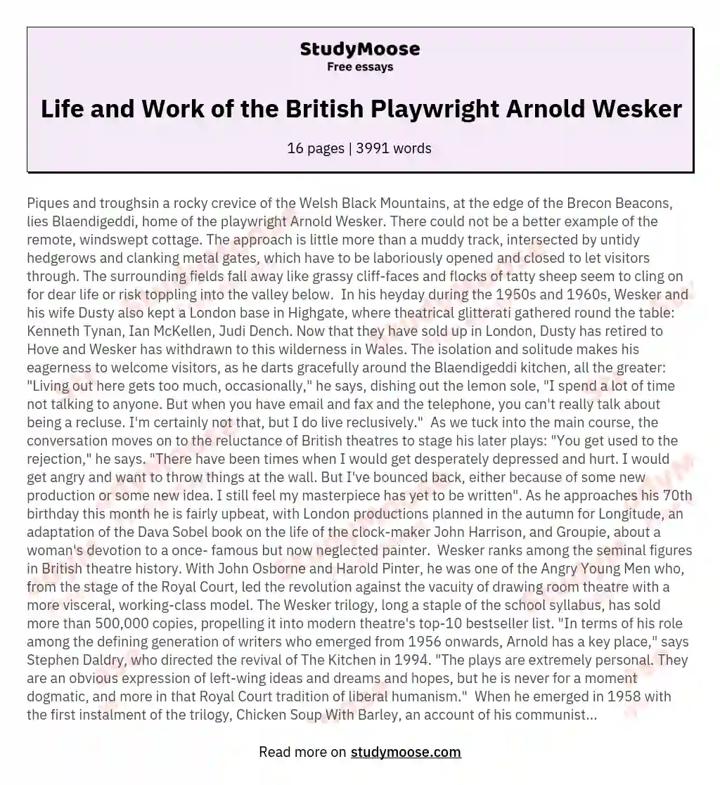 Life and Work of the British Playwright Arnold Wesker essay