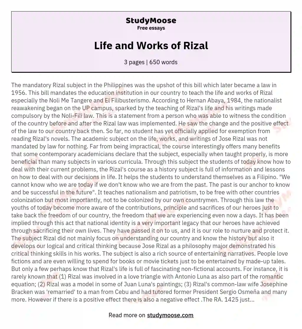 Life and Works of Rizal essay