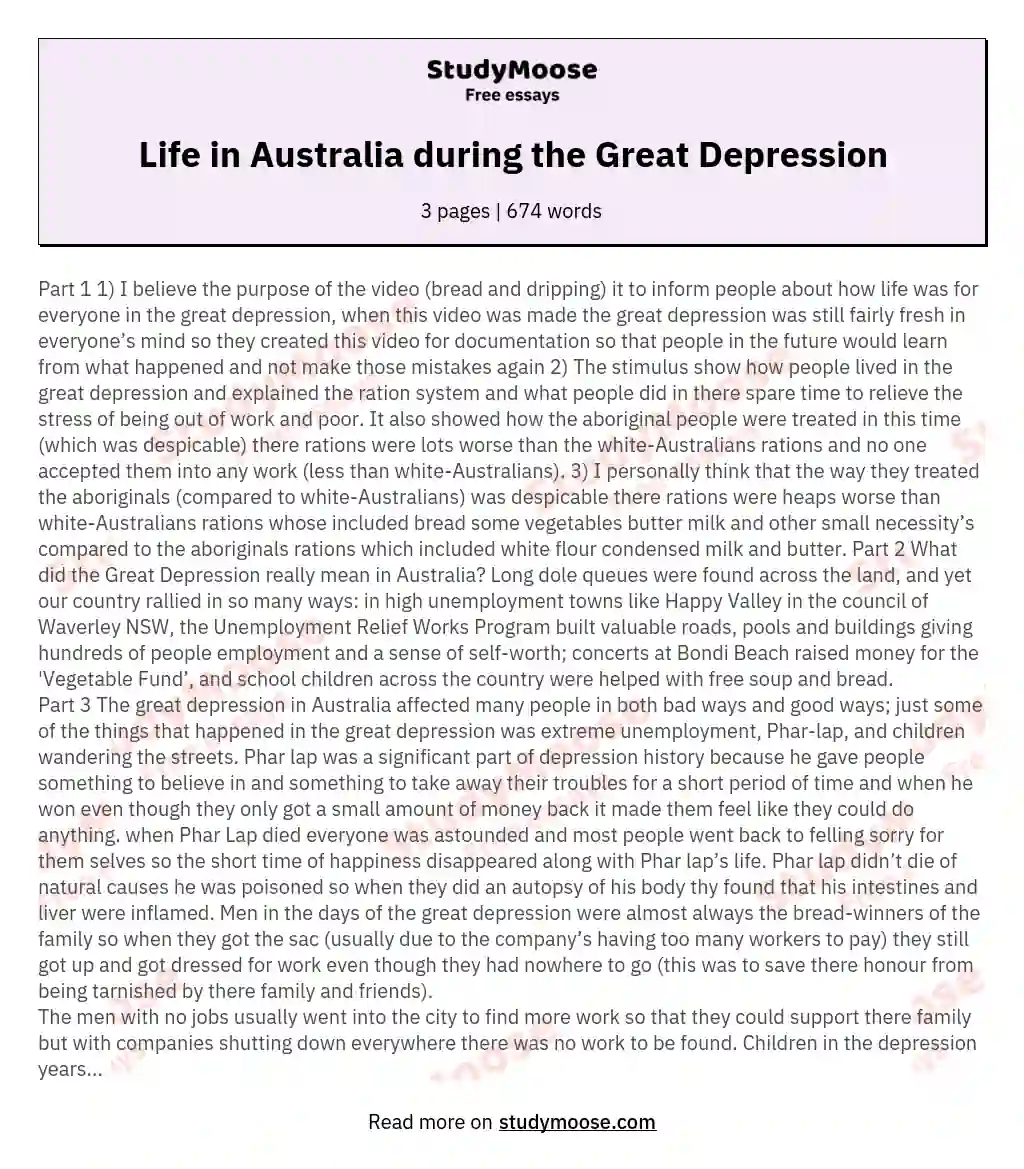 Life in Australia during the Great Depression essay