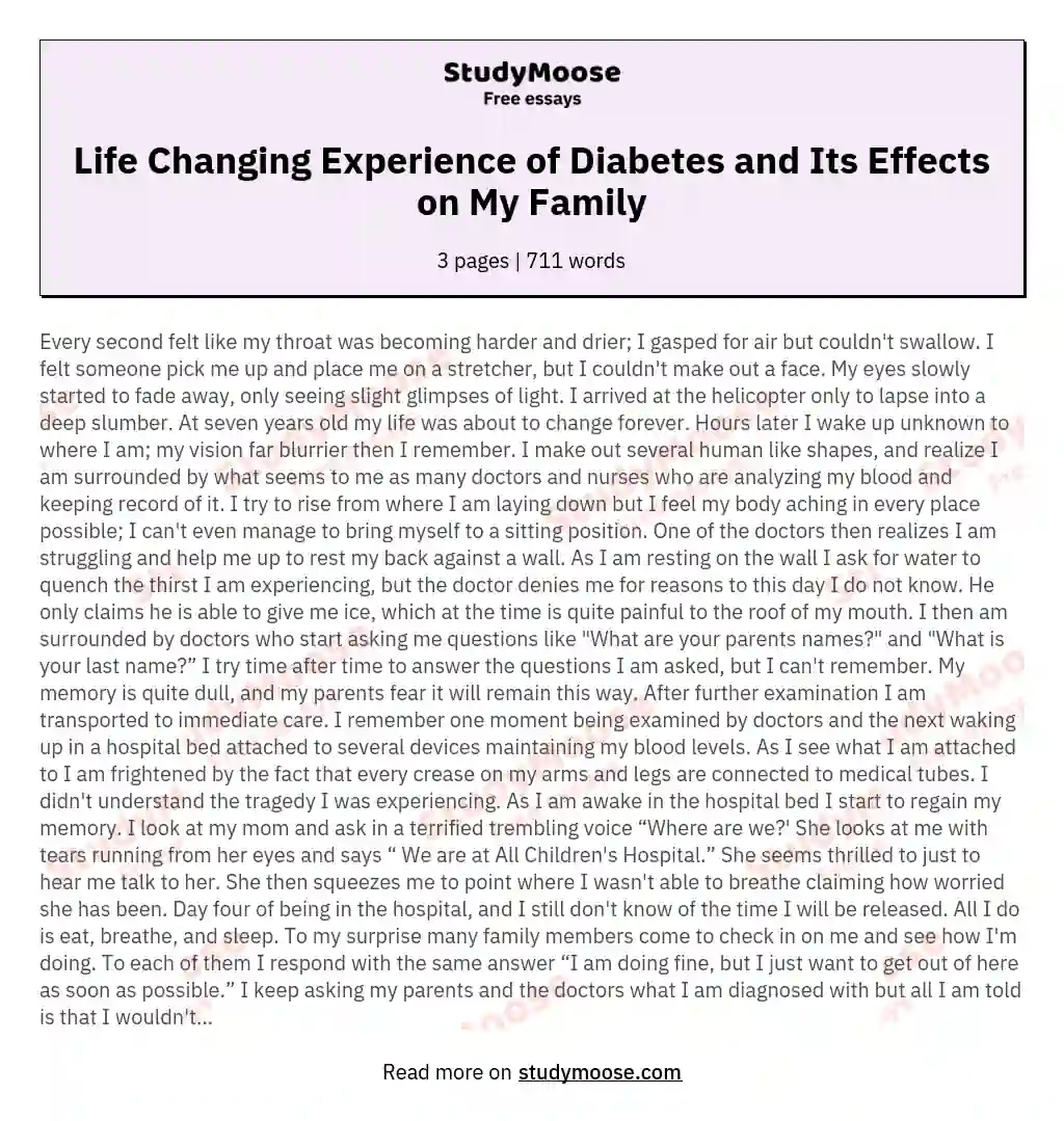 Life Changing Experience of Diabetes and Its Effects on My Family essay