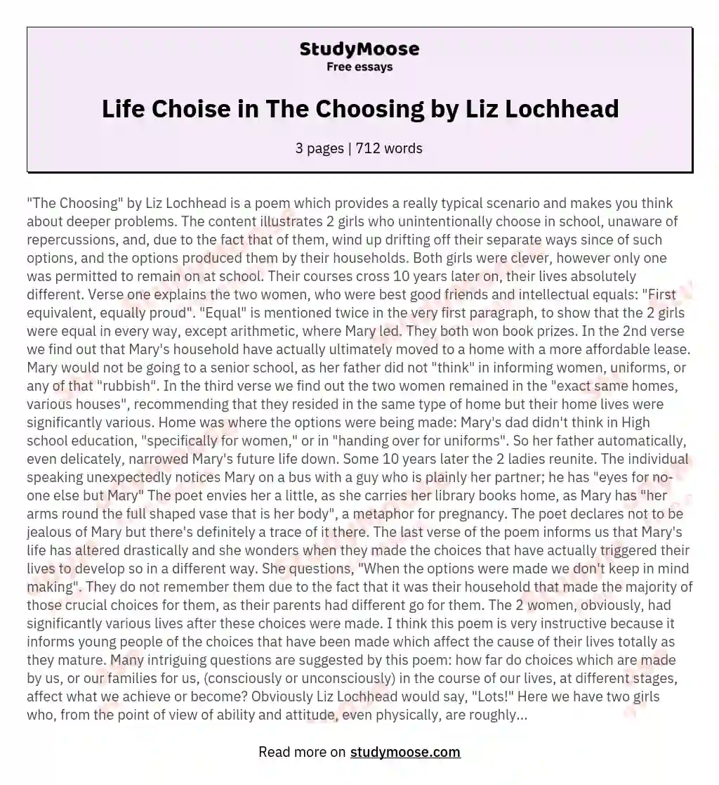 Life Choise in The Choosing by Liz Lochhead