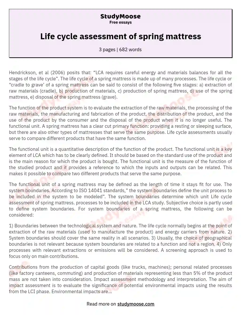 Life cycle assessment of spring mattress essay