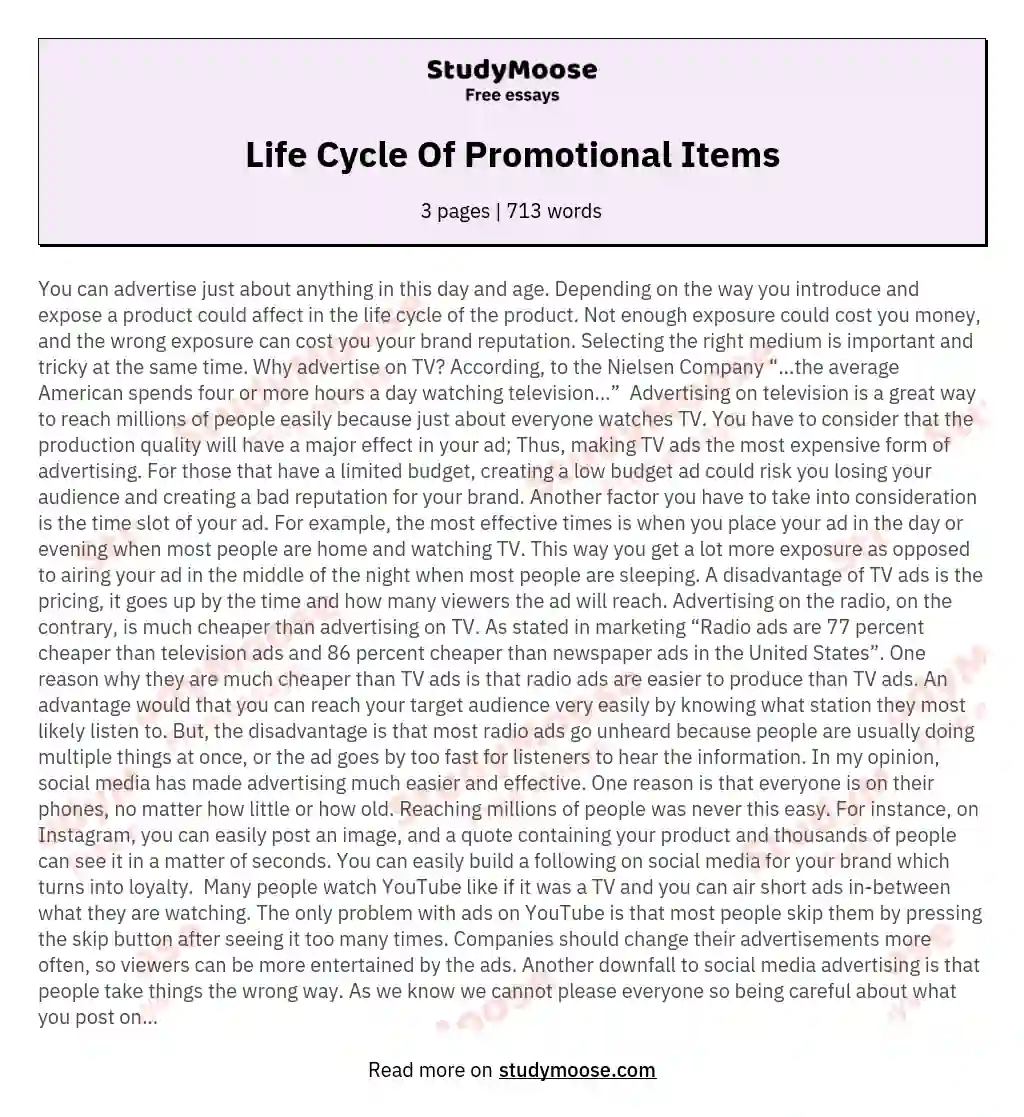 Life Cycle Of Promotional Items essay