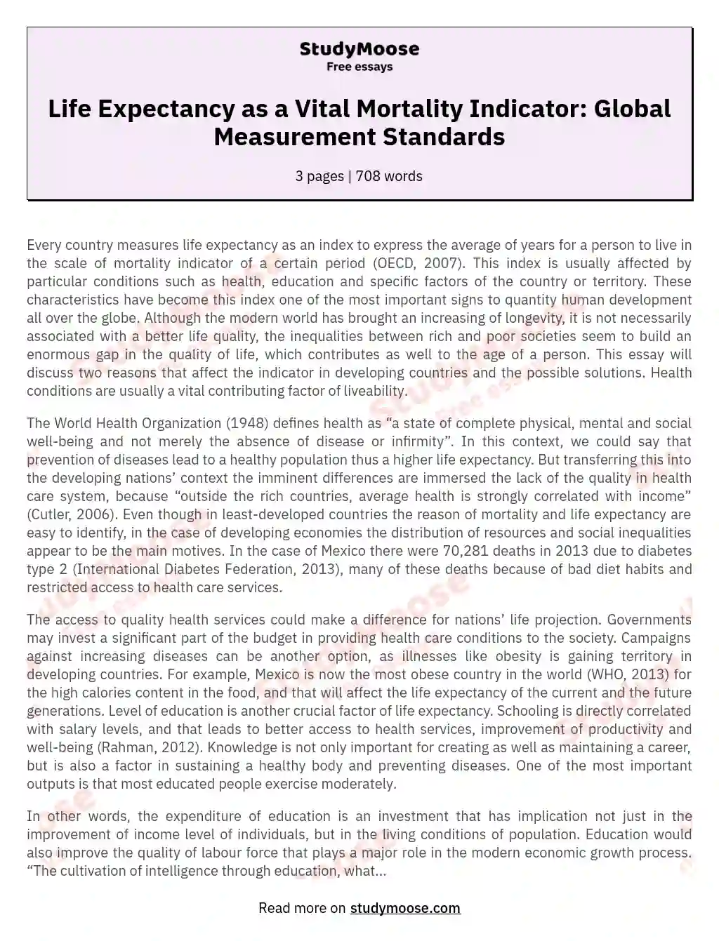 Life Expectancy as a Vital Mortality Indicator: Global Measurement Standards