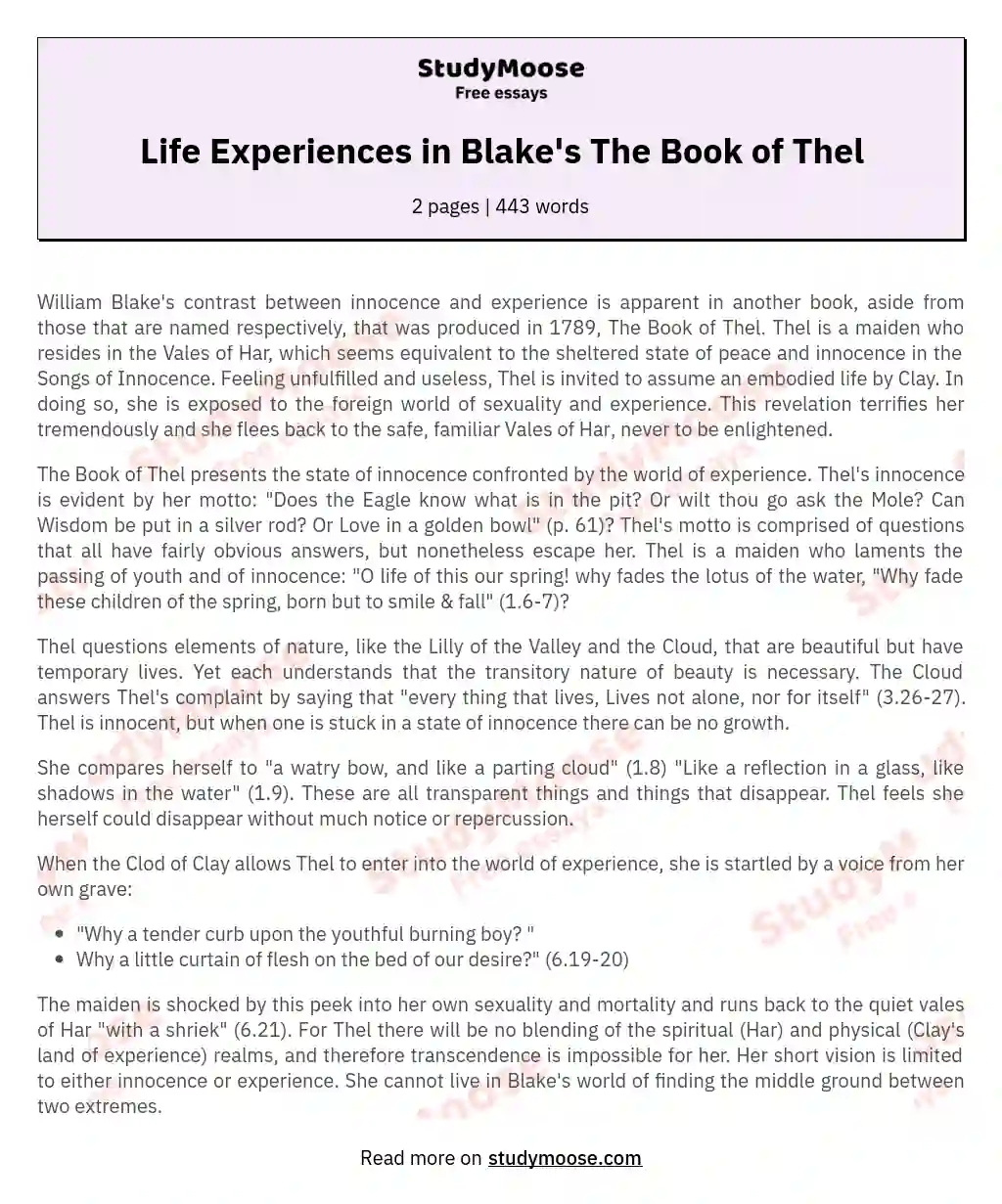 Life Experiences in Blake's The Book of Thel essay