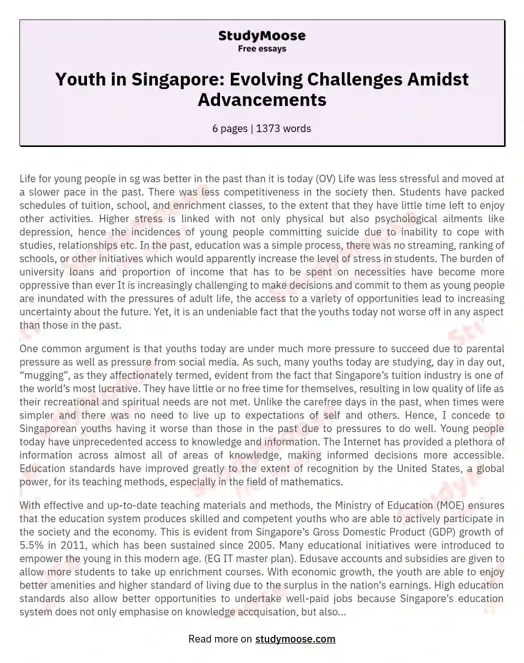 Youth in Singapore: Evolving Challenges Amidst Advancements essay
