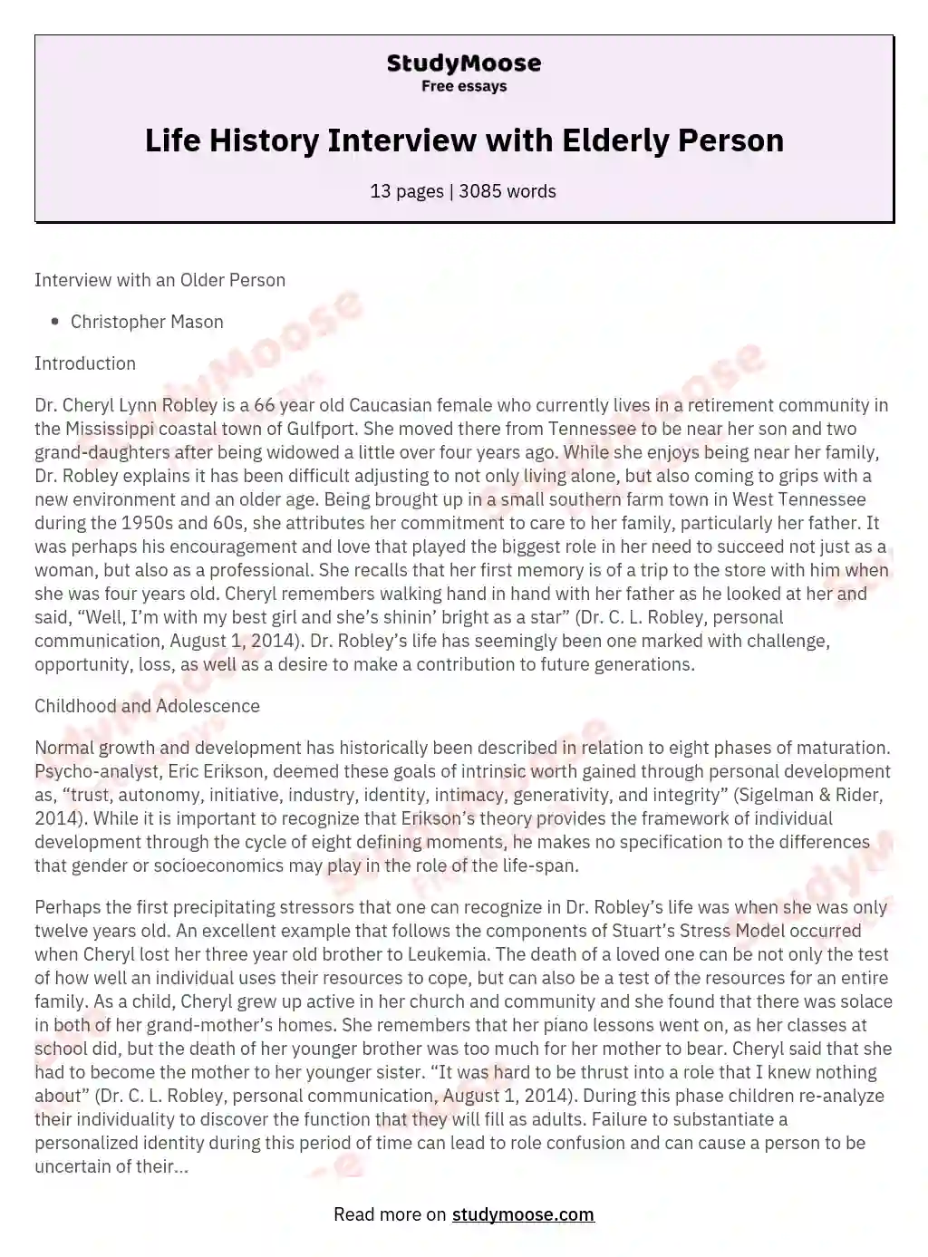 Life History Interview with Elderly Person essay