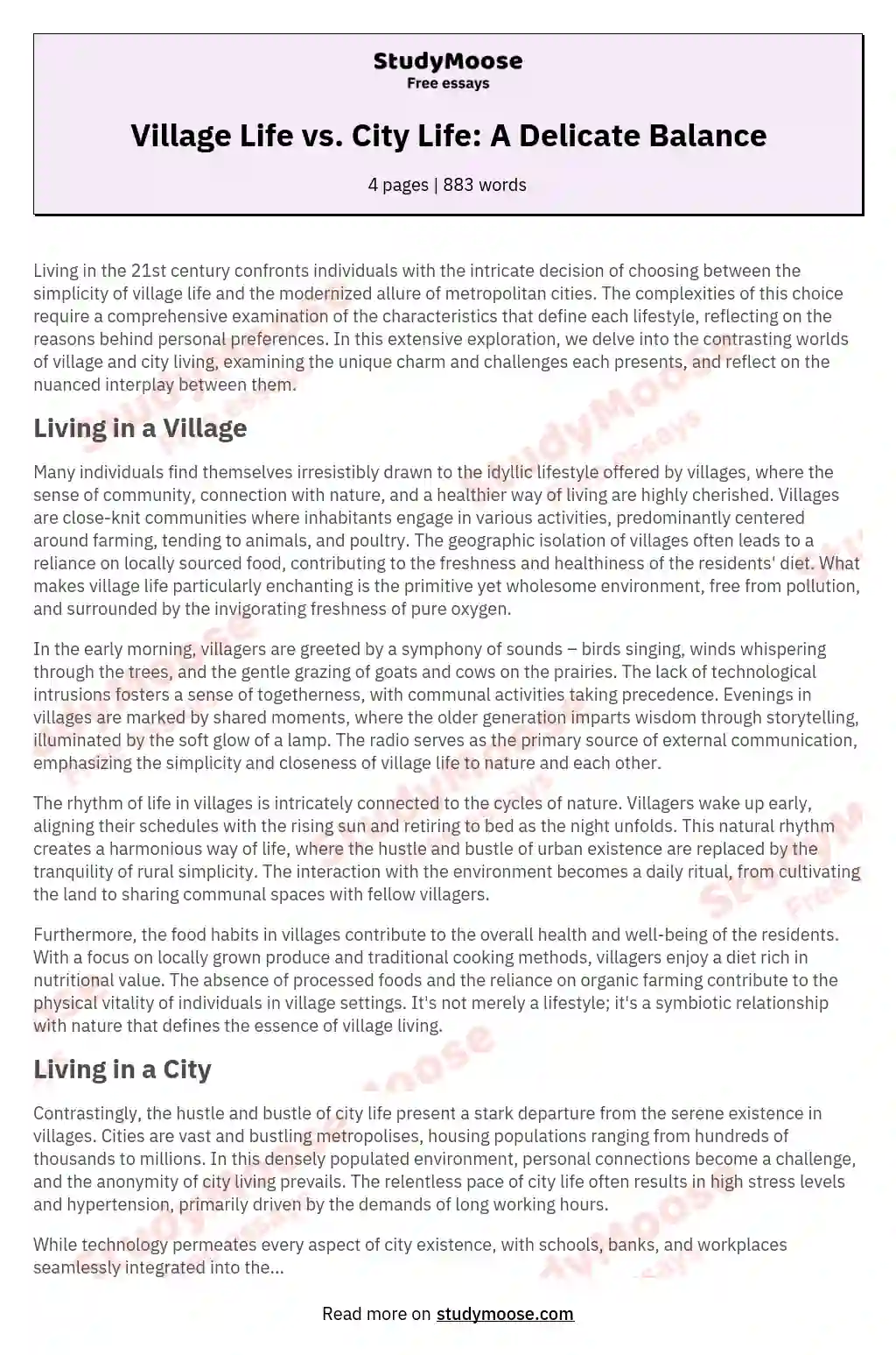 Village Life vs. City Life: A Delicate Balance essay